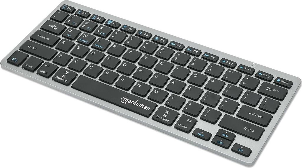 A silver and black ultra-slim keyboard is shown from a slightly elevated diagonal angle against a white background.