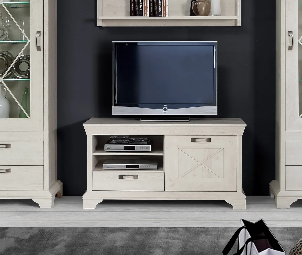 Meuble TV Kashmir 122cm Blanc et Beige - Rangement Salon Haut de Gamme