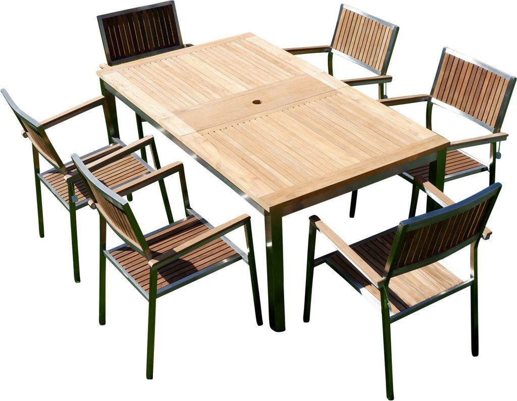 ALEOS. Gartengarnitur Edelstahl Teak Set: Ausziehtisch 160/220 x 90 cm + 6 Teak Sessel A-Grade Teak Holz Serie KUBA Gastroqualität