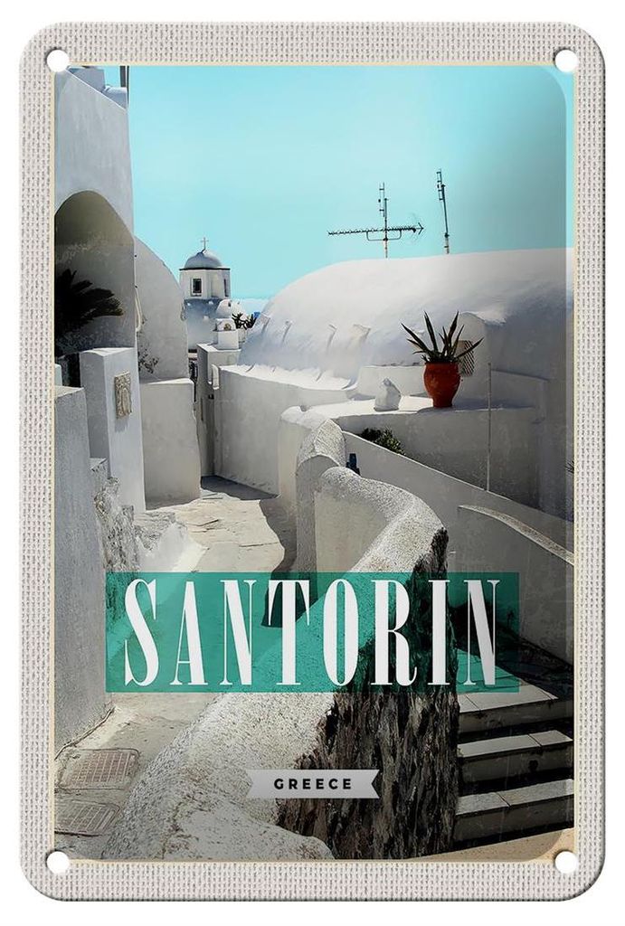 Blechschild Reise 12x18cm Santorini Stadt weiße Gebäude Treppen Schild
