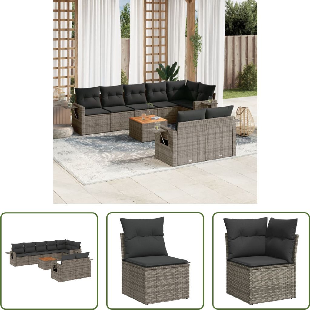 The Living Store 9-tlg. Garten-Sofagarnitur mit Kissen Grau Poly Rattan