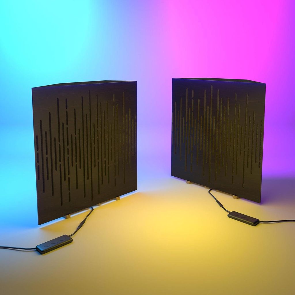 2er-Pack Akustik-Bassfalle "WAVE" mit RGB-Schreibtischlampe | Mobiler Ständer mit LED-Tischfuß | Für Podcast-Studios |50x50x10cm|Wenge