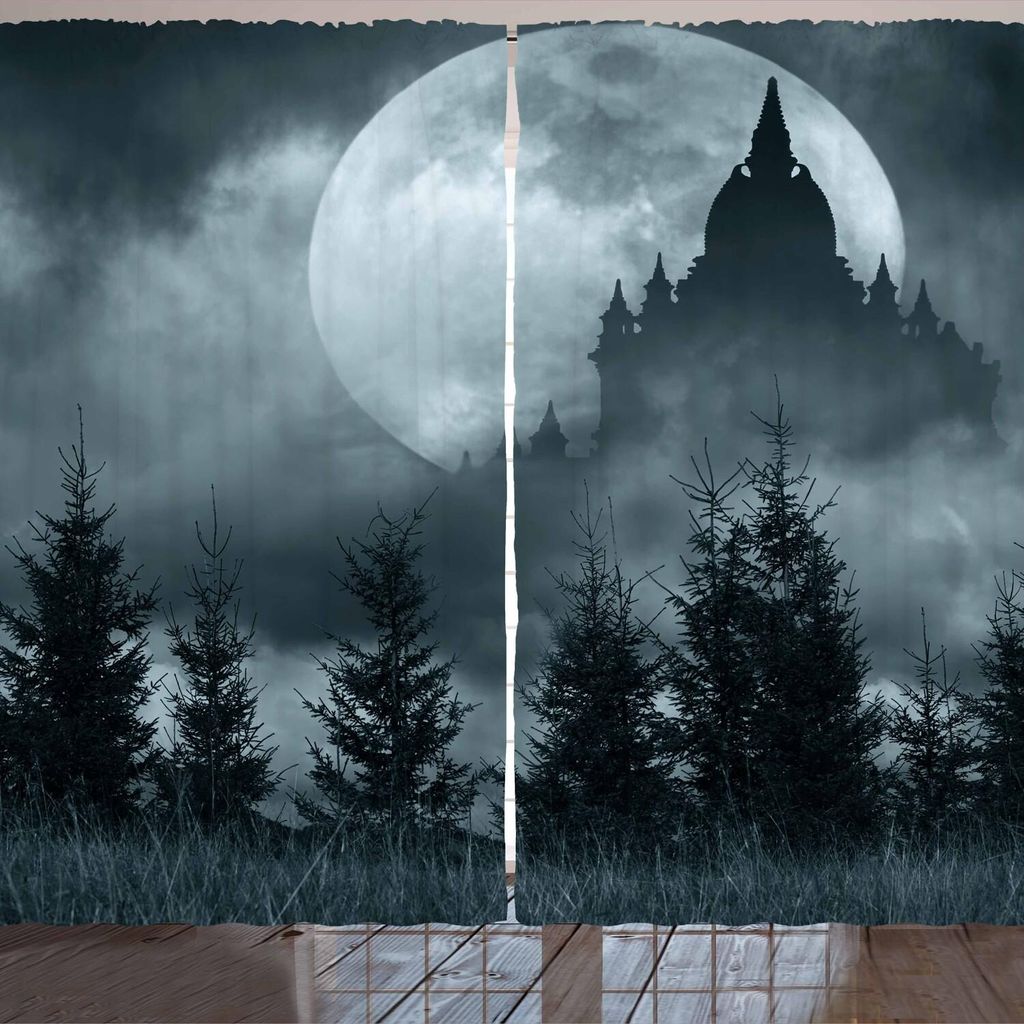 ARANDE Halloween Gardine, Magisches Schloss-Schattenbild über Vollmond-Nacht-Fantasie-Landschafts-furchtsamer Wald, 280 x 225 cm, Grau Hellgrau