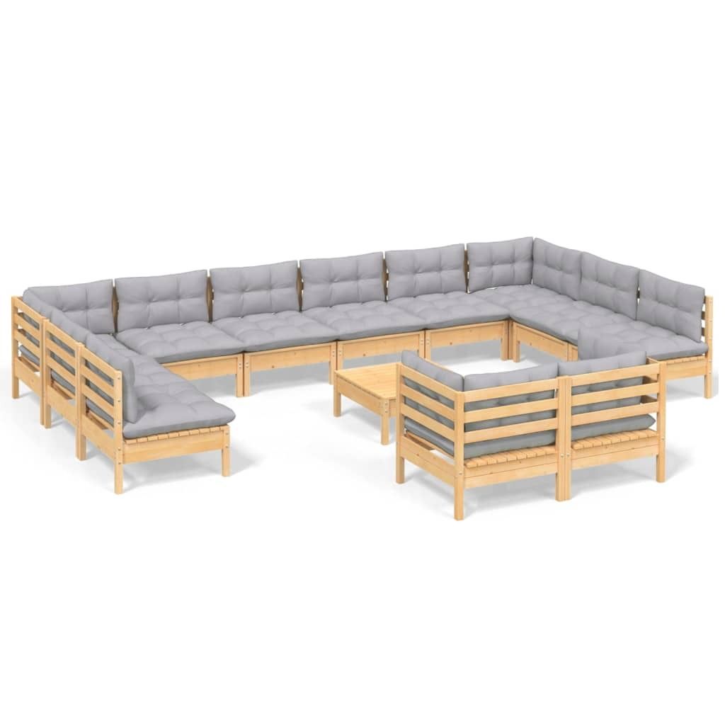 13-tlg. Garten-Lounge-Set mit Grauen Kissen Kiefernholz