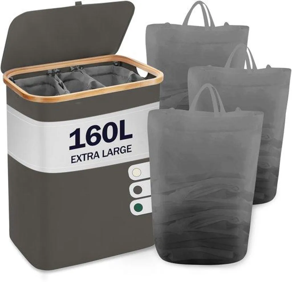 Panier de tri à linge familial 160L gris foncé avec couvercle discret