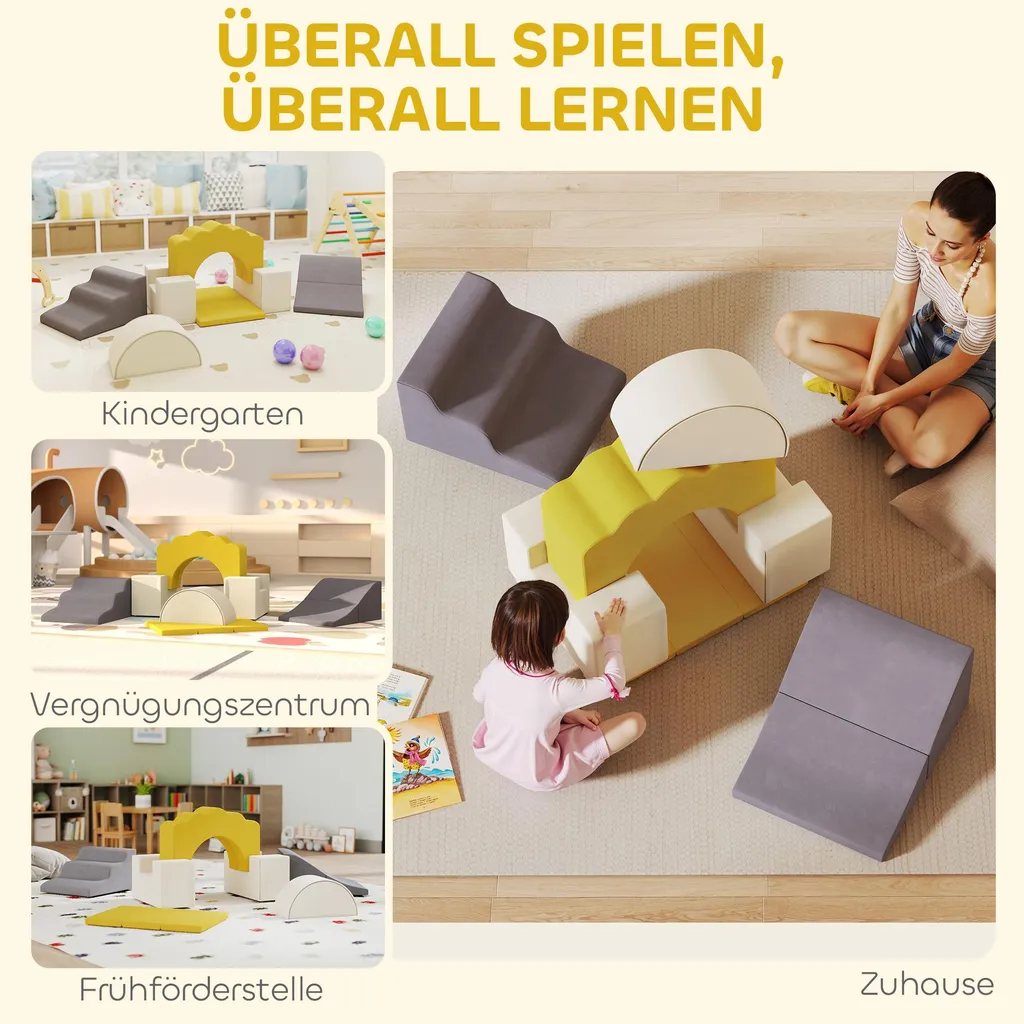 Structure de Jeu Intérieur pour Bébé : 7 Blocs en Mousse et Velours Jaune - 7