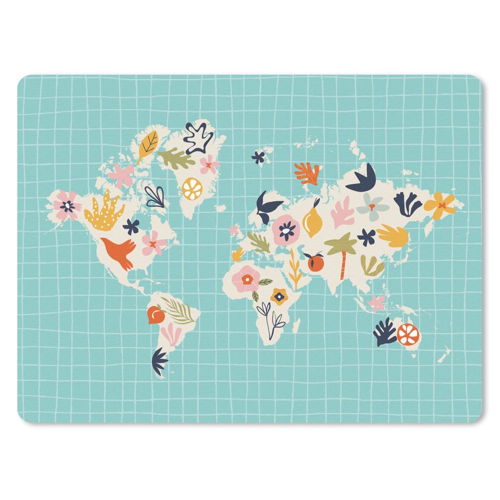 MuchoWow Mauspad Mousepad Karte - Welt - Blumen - Obst 40x30 cm - Mousepads - Maus Mat - Pad - Mausunterlage - Anti Rutsch