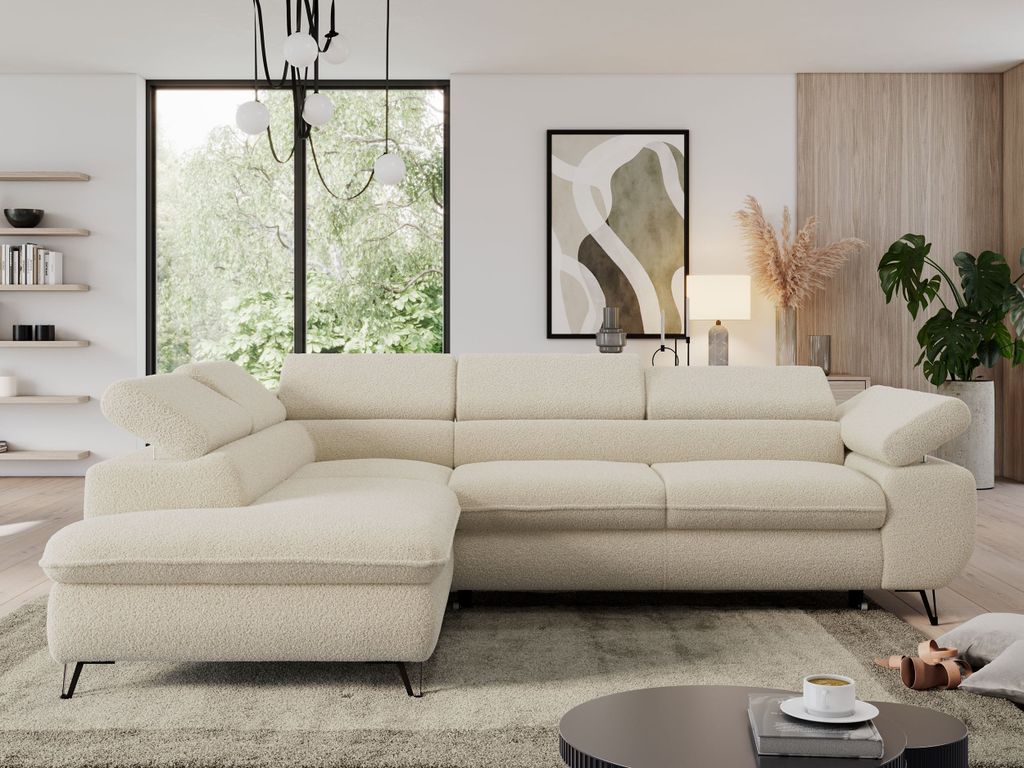 Couch mit Schlaffunktion, L-form Ecksofa, Wohnzimmersofa, mit Einstellbare Kopfstützen - PEDRO L - Boucle - Beige - Links