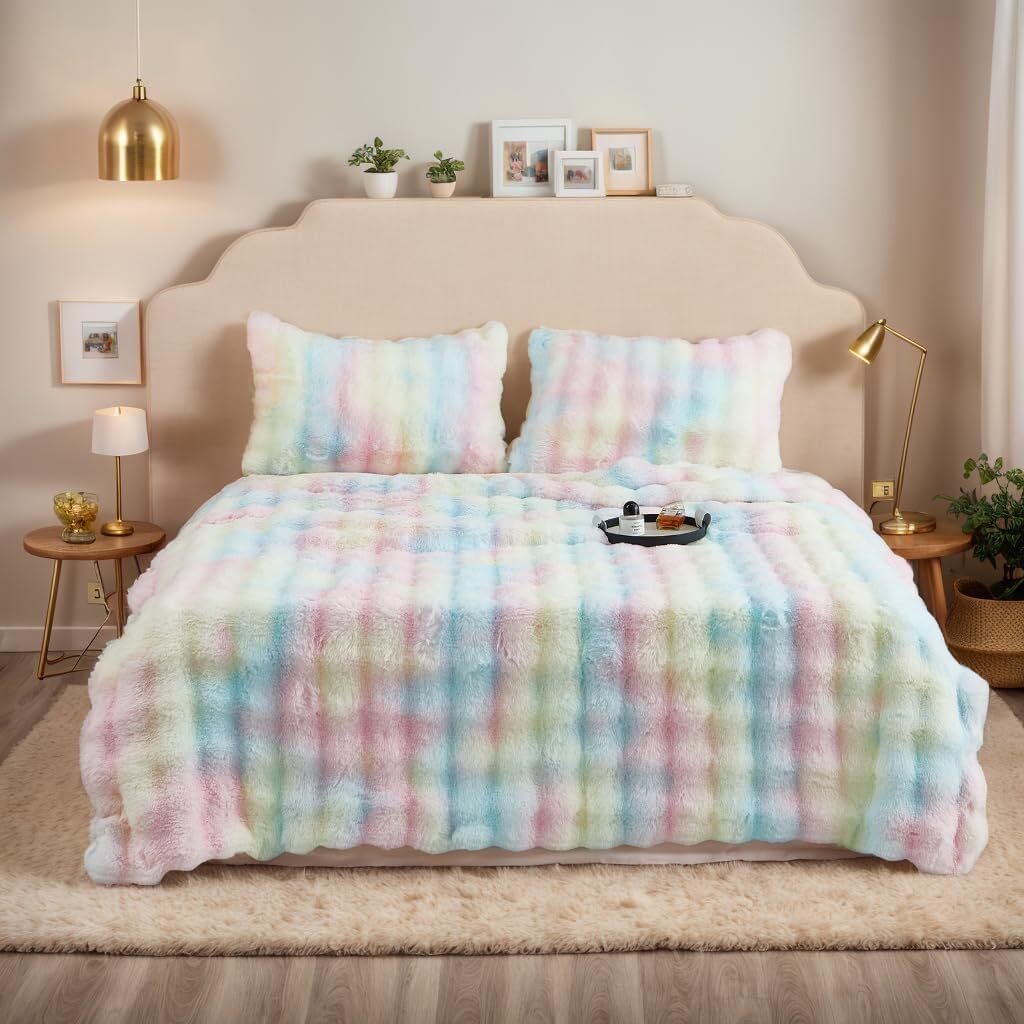 A cozy bedroom scene with a bed dressed in a colorful plush blanket.