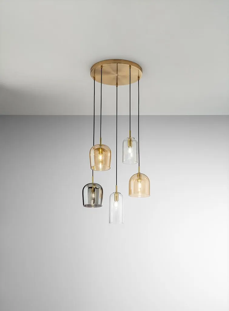 Suspension Design Or Brossé avec 5 Verres Ambre et Fumés et Fils Tissu