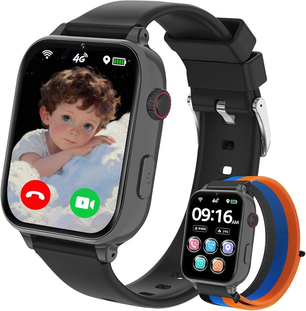 Smartwatch Kinder GPS und Telefon, 4G mit Videoanruf Anruffunktion Voice Chat WiFi SOS Spiel Wecker Schulmodus
