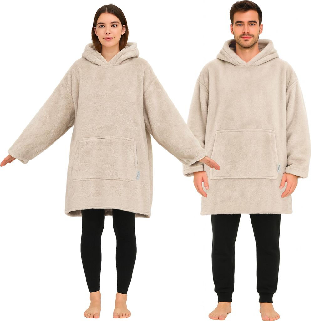 Hoodie Decke mit Ärmeln - Plüsch Sherpa Deckenpullover Oversize Kuscheldecke zum anziehen Kuschelpullover für Damen Herren XXL Poncho Beige