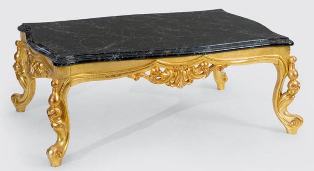 Casa Padrino Luxus Barock Couchtisch Schwarz / Gold 120 x 80 x H. 50 cm - Prunkvoller Massivholz Wohnzimmertisch mit Tischplatte in Marmoroptik - B...
