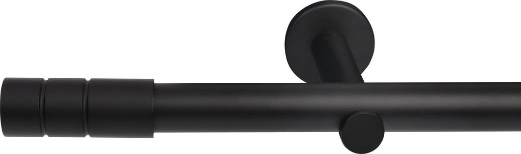 A close-up of a black curtain rod with decorative elements.