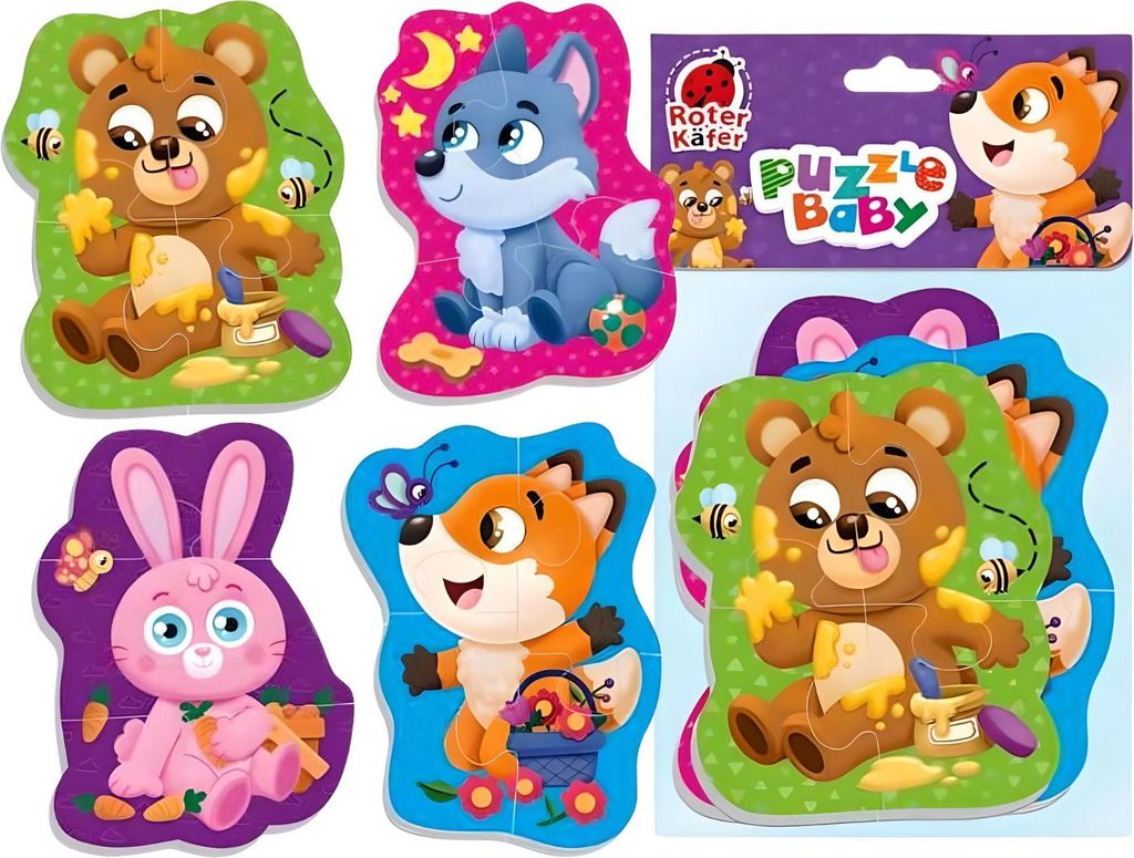 A collage of children's foam puzzles featuring cartoon animals.