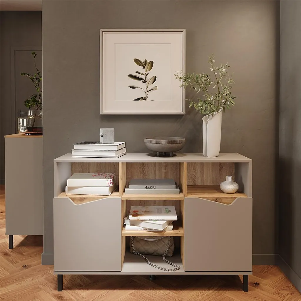 Commode greige et bois artisan, meuble bas de rangement avec 2 portes - 4