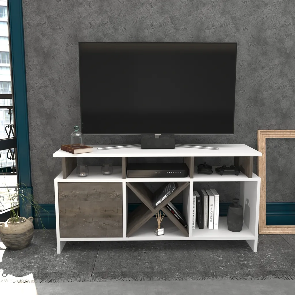 Meuble Télévision Auburn Bicolore 120cm - Finition Blanc et Wengé Chic