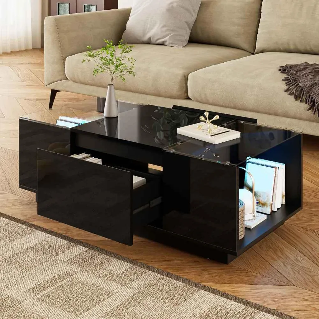 Table Basse de Salon Rectangulaire Design Moderne avec LED et Rangement