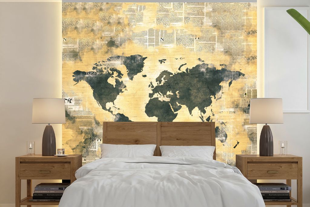 MuchoWow Fototapete für Wohnzimmer oder Schlafzimmer Wandtapete Vinyl Motivtapete Weltkarte - Vintage - Zeitungen - 350x350 cm - Schlafzimmertapete