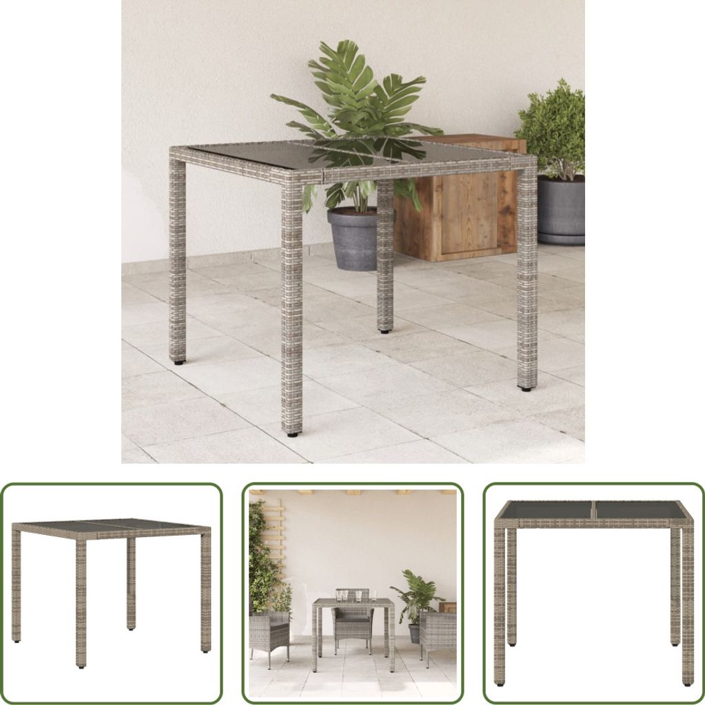 The Living Store Gartentisch mit Glasplatte Grau 90x90x75 cm Poly Rattan