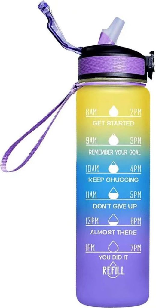 Sport Trinkflasche 1 Liter, Trink Motivation, Strohhalm & Produktbild 