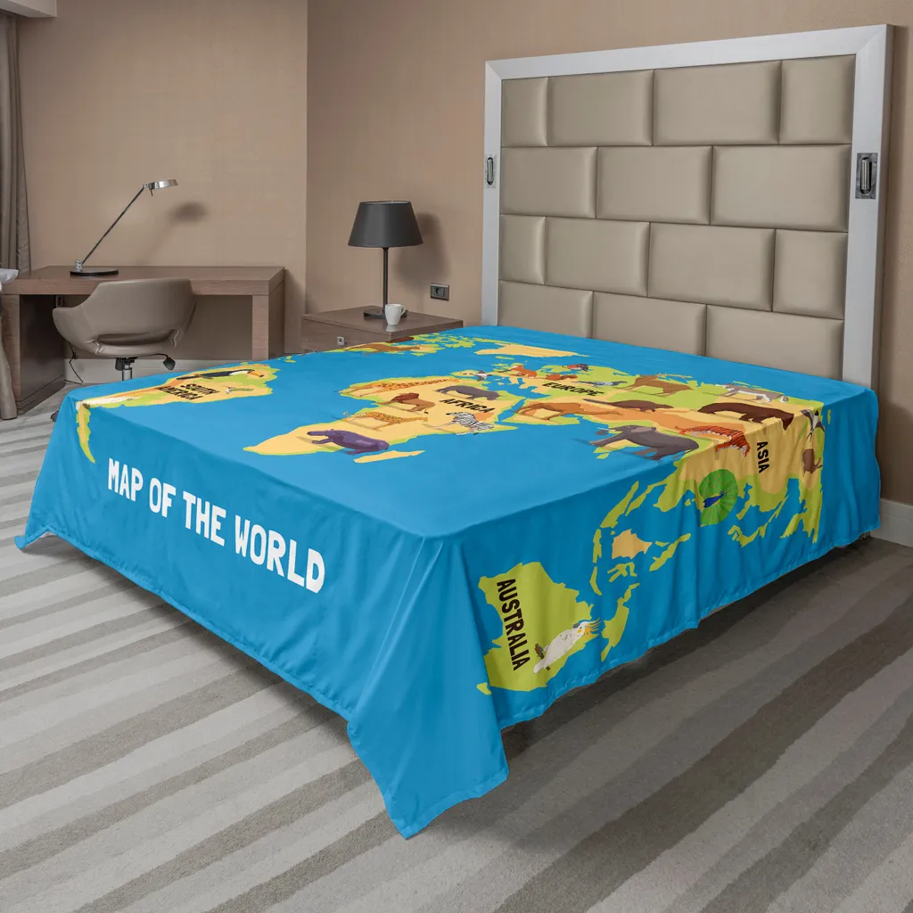 Drap de Lit Doux et Confortable Imprimé Carte du Monde Bleu et Orange