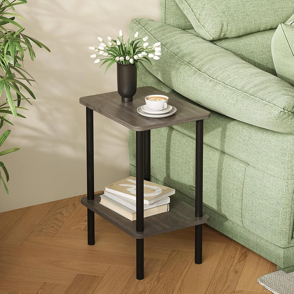 Table de chevet étroite en bois gris avec 2 niveaux de rangement