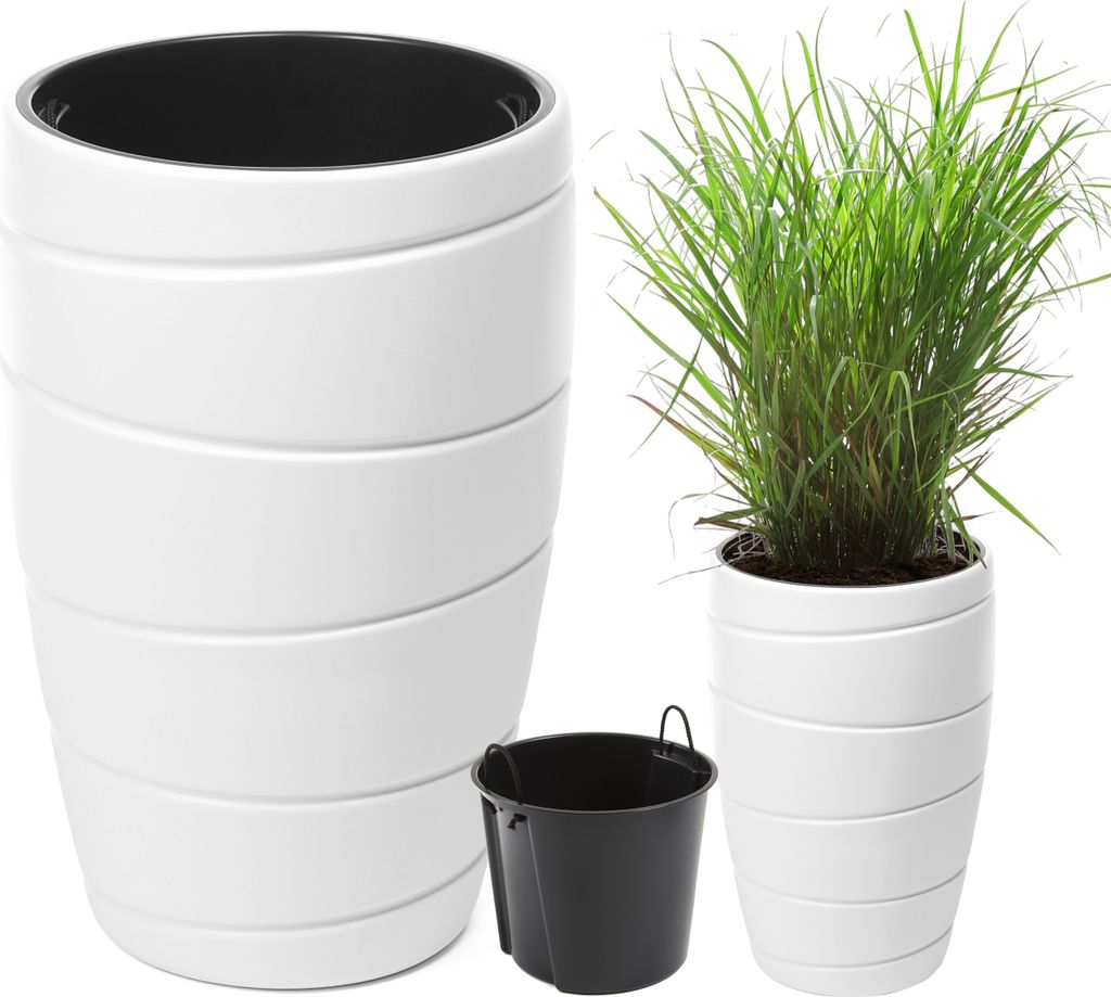 A white planter with a black insert and a green plant inside, and a separate black insert shown.