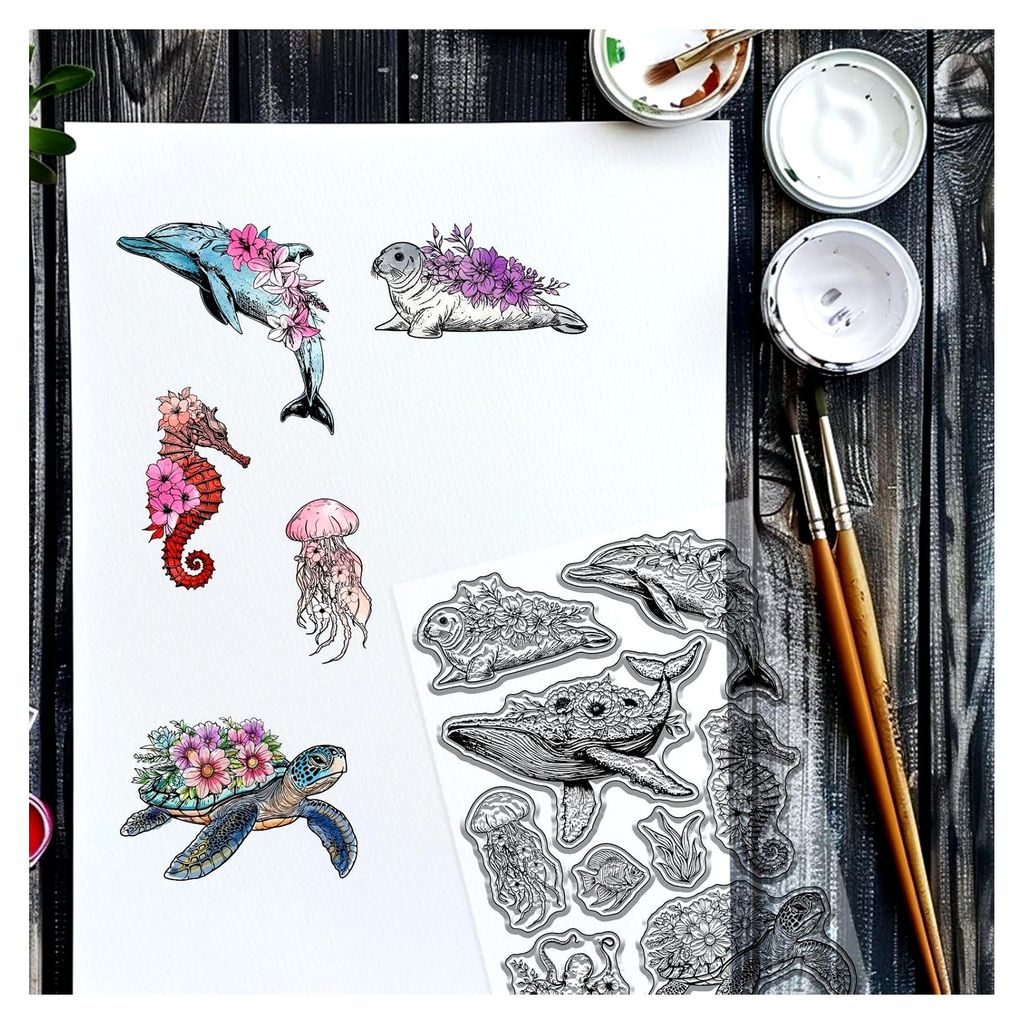 Sommerliche Meerestiere und Blumen Klare Stempel für Scrapbooking