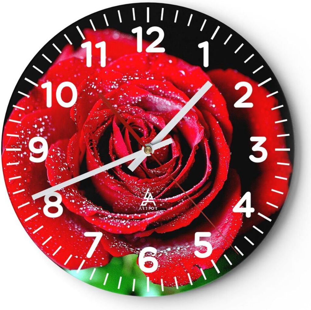 Wanduhr - Rund - Glasuhr - Rose Blume Blütenblätter Wasser Produktbild 