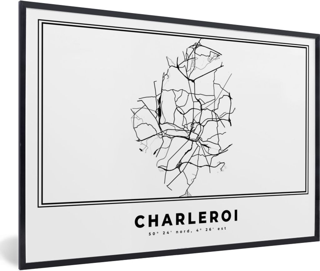 MuchoWow Gerahmtes Poster Stadtplan - Schwarz und weiß - Karte - Charleroi - Belgien - Karte 30x20 cm - Poster mit Schwarzem Bilderrahmen Wandpo...