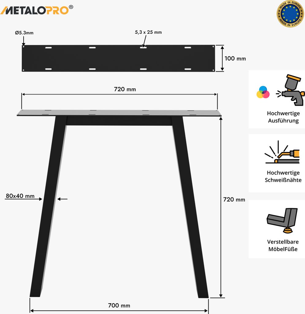 MetaloPro 2 Stück Tischbeine-Metall Schwarz 72cm I Produktbild 2