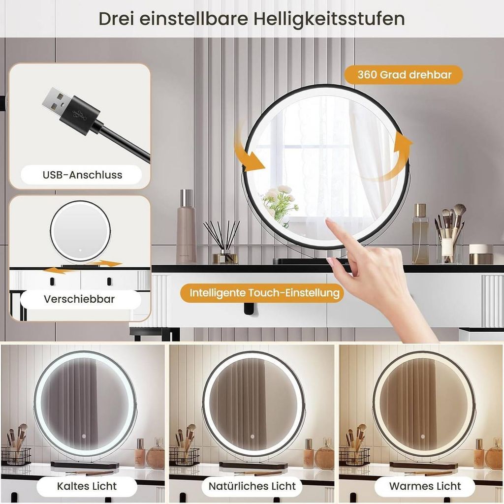 WOLTU Schminktisch mit LED, Spiegel, 2 Schubladen, Produktbild 5