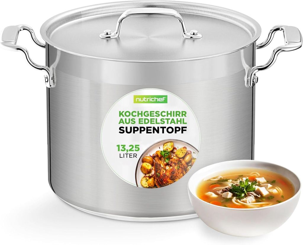 NutriChef Edelstahl Kochtopf 13,2L Induktion – Suppentopf mit Deckel, Profiqualität für Gastronomie & Meal Prep Hitzebeständig bis 260 °C