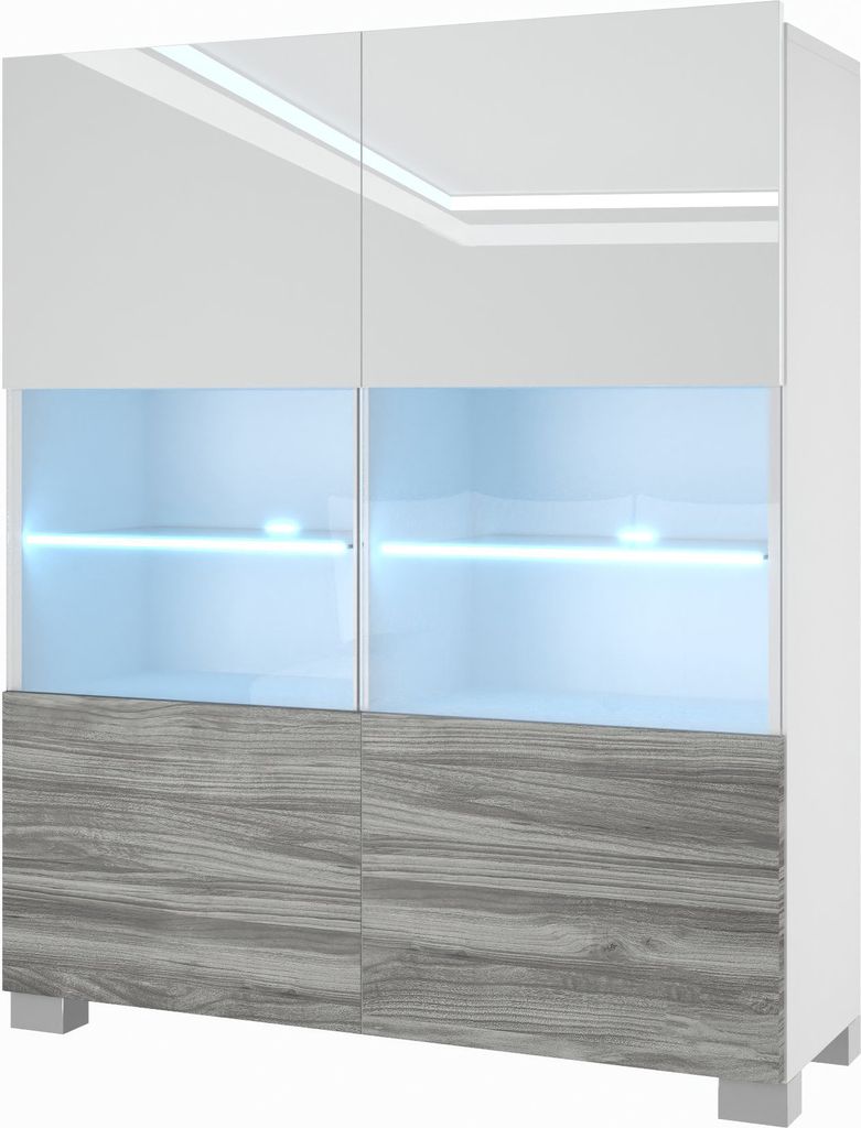 BELINI Kommode Sideboard Wohnzimmer Schlafzimmer Schrank Hochschrank mit LED-Leuchten (Weiß / Glamour Holz)