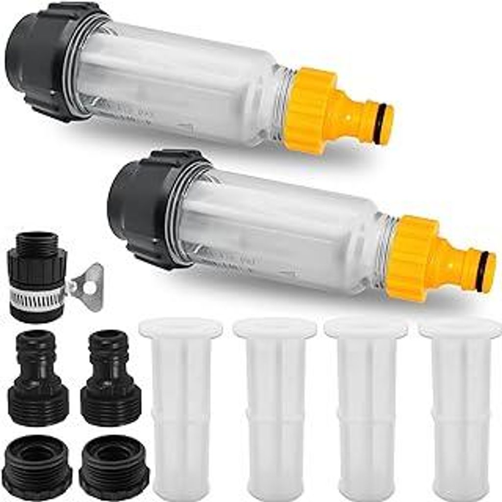 Wasserfilter Gartenschlauch, 2 Stück 3/4 Zoll Wasser Vorfilter Wasserfilter Set mit 4 Filtereinsatz & 5 Schnelladapter für Hochdruckreiniger, Gar...