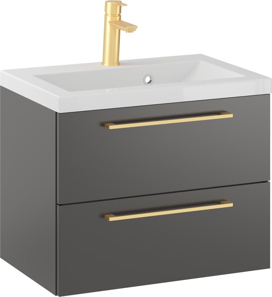 Rosen 60 cm Badezimmerschrank mit Waschbecken und Gold gebürstetes Griffen - Zeitloses Design für Elegantes Bad