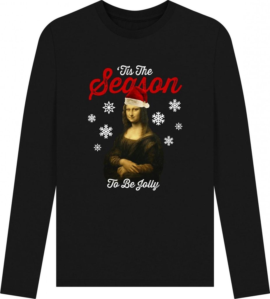 Apoh - "Mona Lisa Tis The Season" T-Shirt für Herren/Damen Uni, Langärmlig PN1561 (L) (Schwarz)