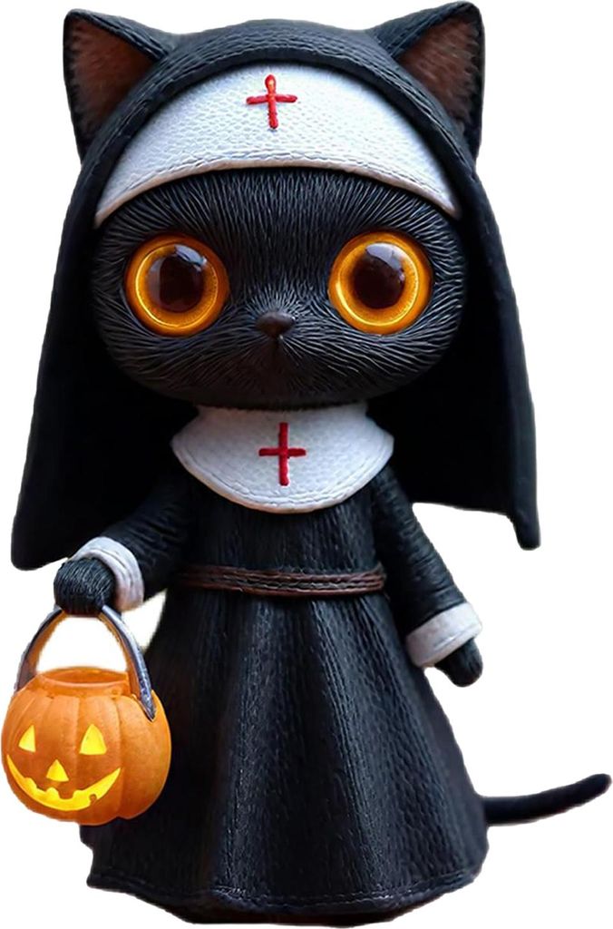 Halloween-Nonnen-Katzenstatue, schwarze Katzenfigur mit Kürbis-Eimer, Gothic-Hexendekor, Fantasy-Sammelskulptur für Katzenliebhaber