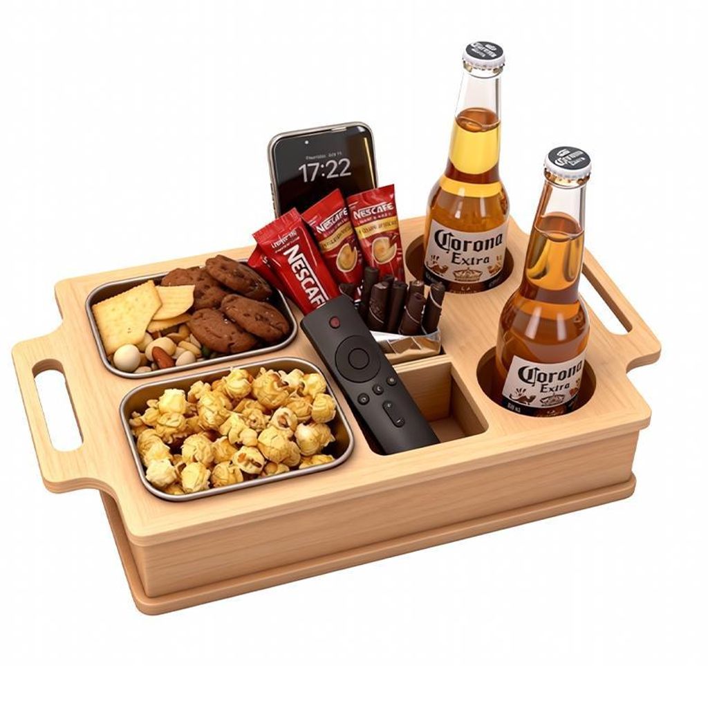 Couchbar Snackbox, Snackspender mit 3X Snackschalen, Abnehmbarer Deckel, Sofatablett aus Holz, Couch Bar mit Getränkehalter, Snackbox mit Fächern