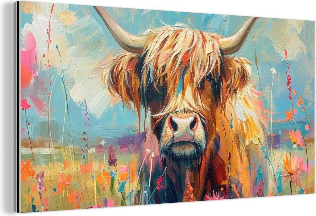 MuchoWow Wanddekoration Metall Metallbild Wandkunst 80x40 cm Schottische Hochlandrind - Natur - Farbenfroh - Blumen MuchoWow Aluminium Gemälde - W...