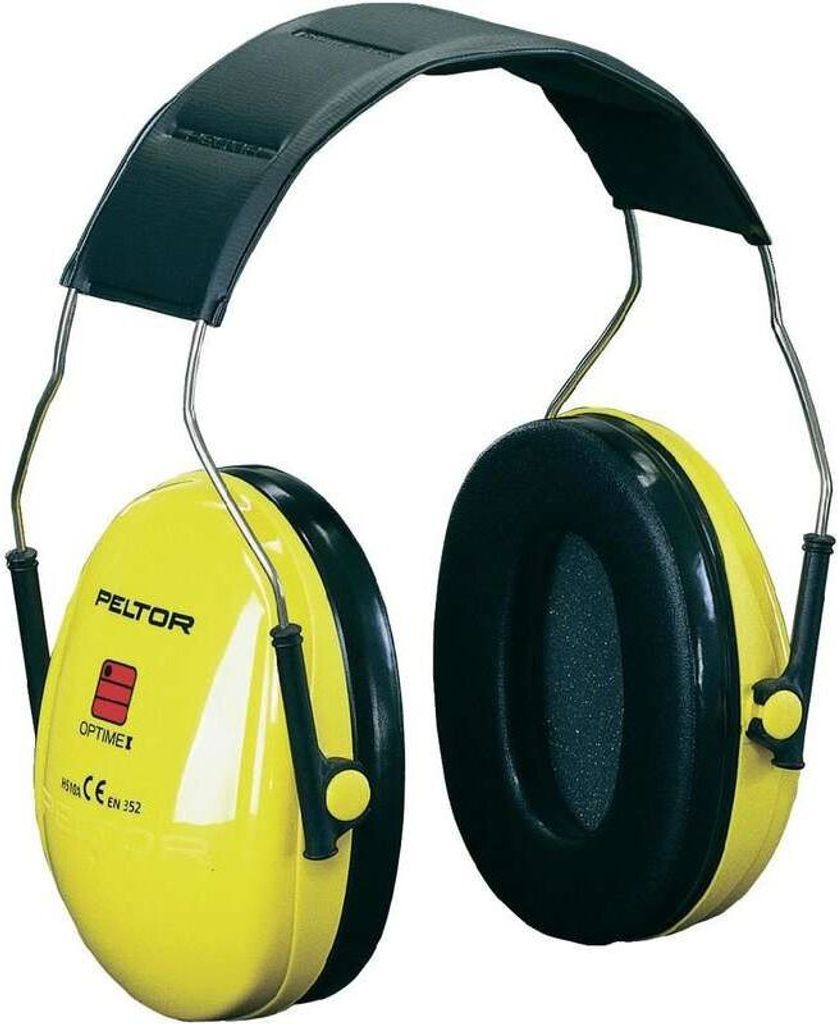 A pair of yellow and black earmuffs on a white background.