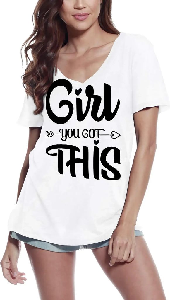 Damen Grafik T-Shirt V-Ausschnitt Mädchen du schaffst das - Macht – Girl You Got This - Power – Öko-Verantwortlich Vintage Jahrgang Kurzarm L...