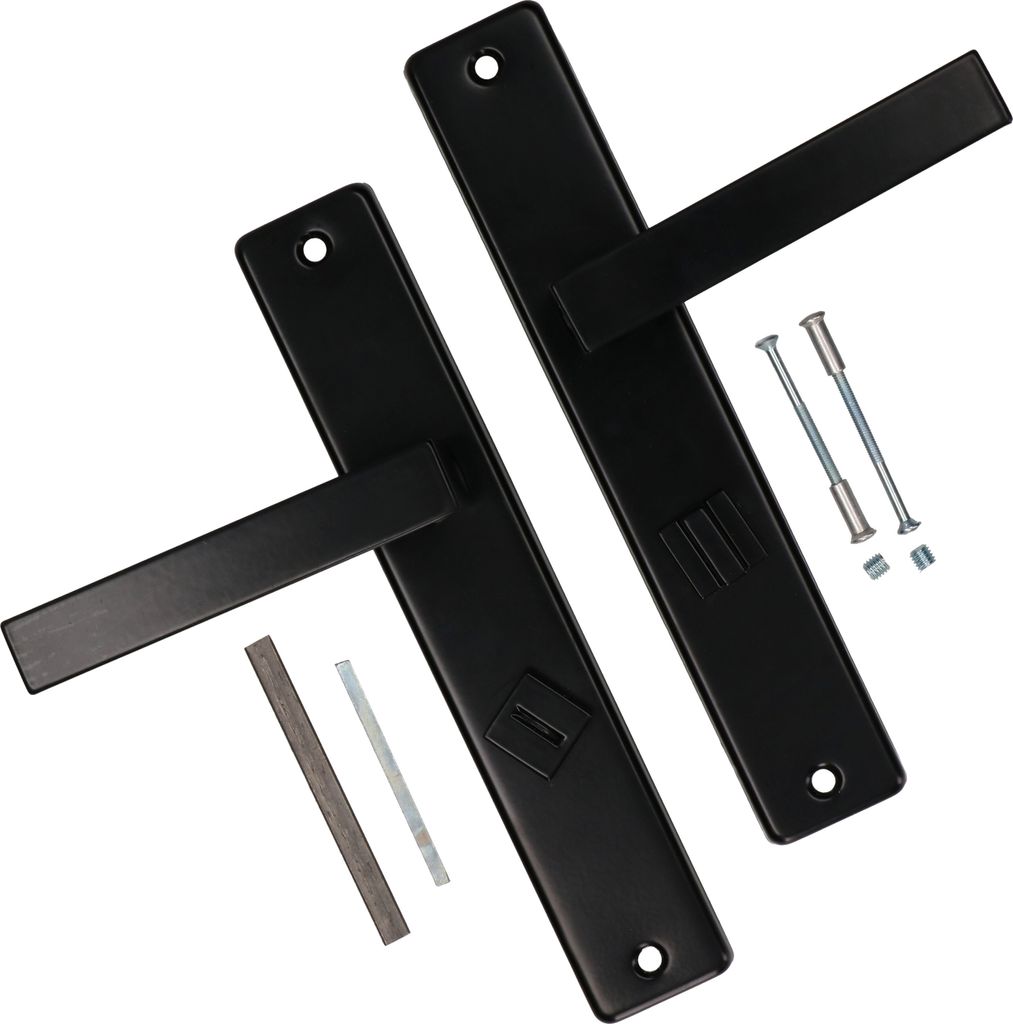 Two black door handles with their mounting hardware are arranged diagonally on a white background.
