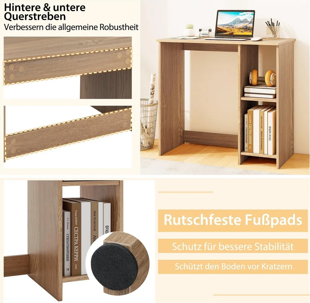 Bureau Compact Bois Naturel 80x40 cm avec 2 Étagères de Rangement