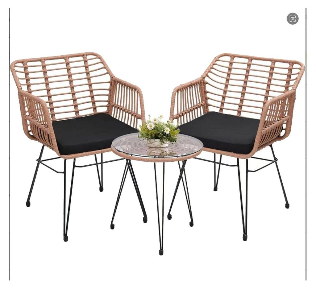 Outdoor Sitzgruppe Rattan - 3-tlg. Bistro Set für 2 Personen - Metallgestell - Wetterfest für Balkon & Terrasse - Kleine Lounge Gartenmöbel - Ho...