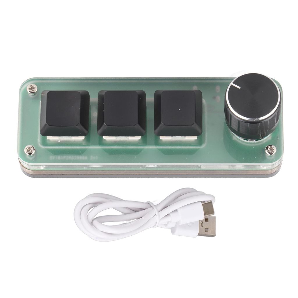 A product shot of a small mechanical keyboard with three keys and a rotary knob, along with its USB cable, against a white background.