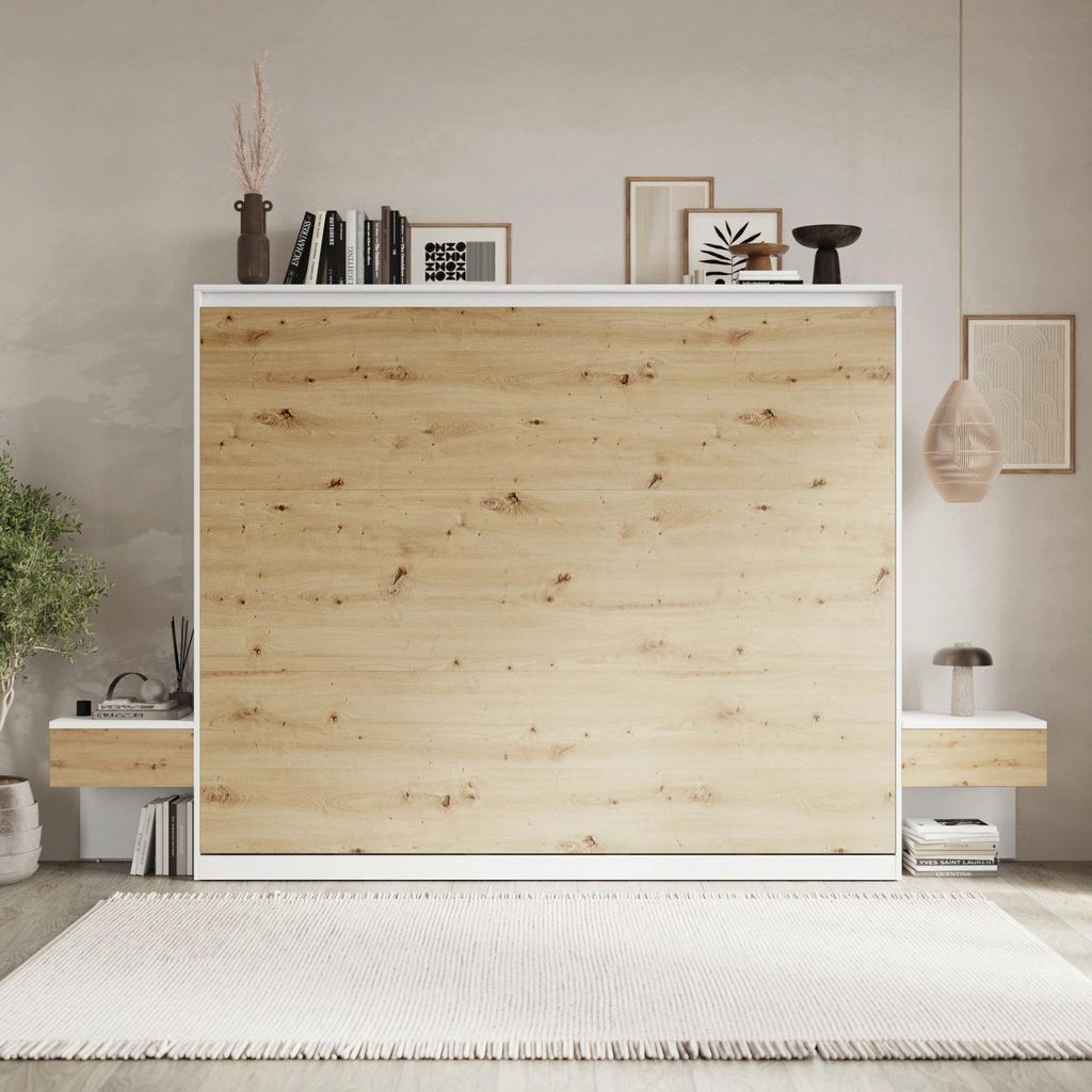 SMARTBett Schrankbett Set 160 Horizontal CLASSIC mit 2 Nachtkonsolen Wildeiche