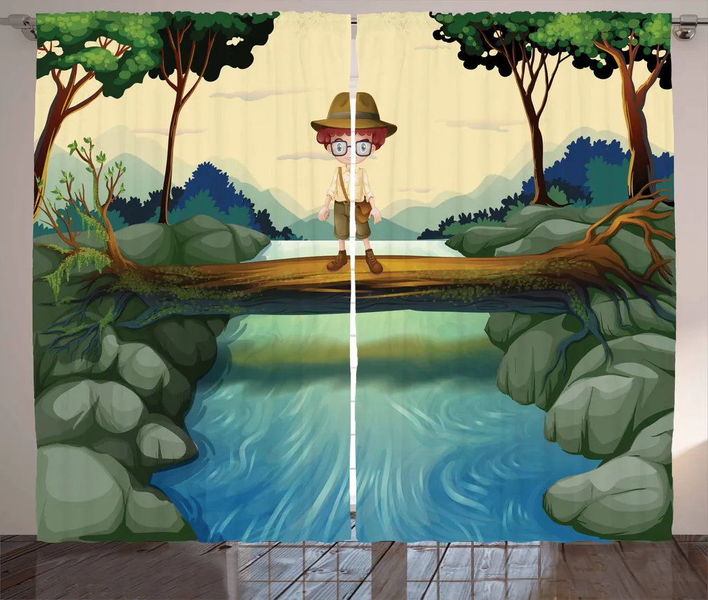 ABAKUHAUS Tenda rustica da boy scout, bambino avventuroso su tronco, tende universali per soggiorno con passanti e ganci, 280 x 175 cm, multicolore