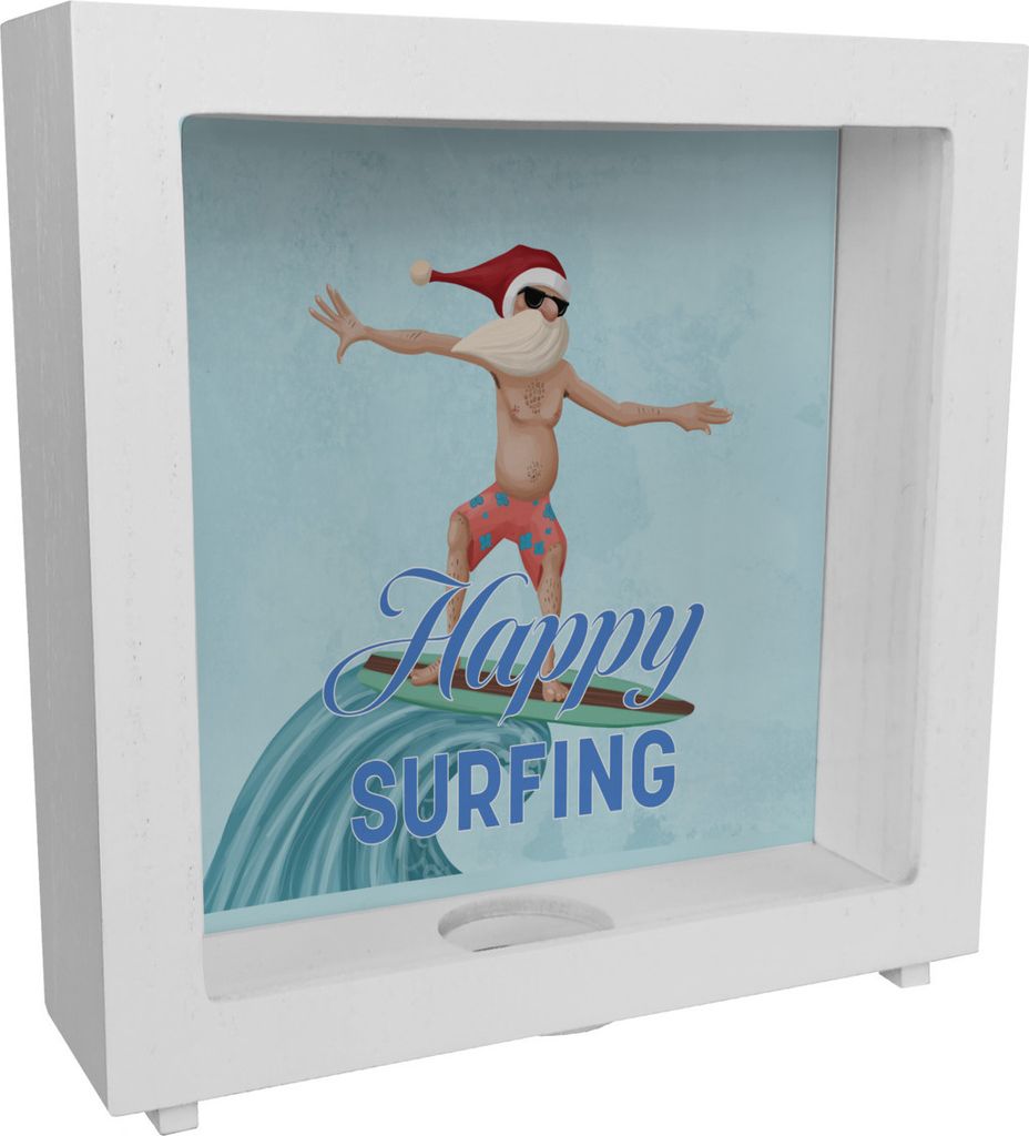 Happy Surfing witzige Rahmen Spardose aus Holz mit Weihnachtsmann auf Surfbrett